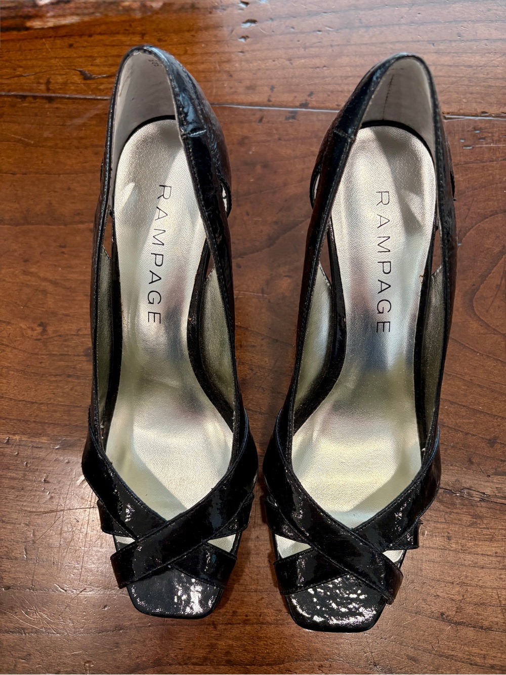 Rampage Maycee Black Patent Peep-Toe Heels with Crisscross Straps Size 7.5